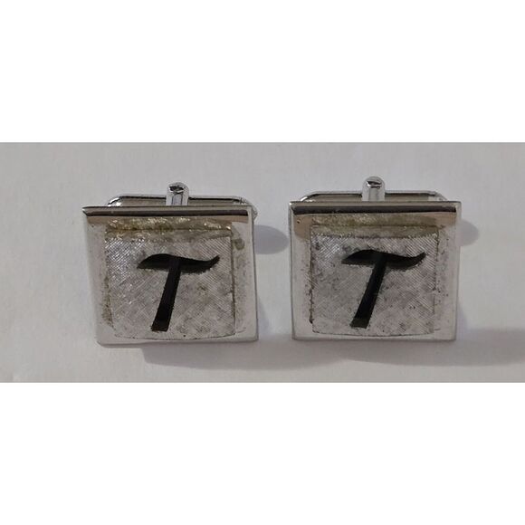Swank Cufflinks Monogram "T" Initial Letter Black Brushed Silver Tone 3D Vtg MCM - Picture 1 of 5